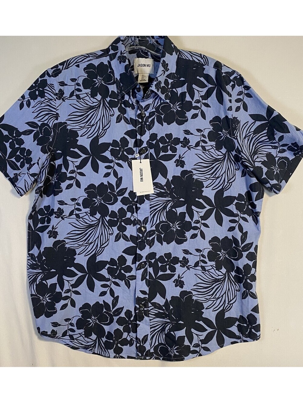 JASON WU Viscose Linen Blend Lt Blue Camp Shirt Navy Floral Size L NEW With TAGS